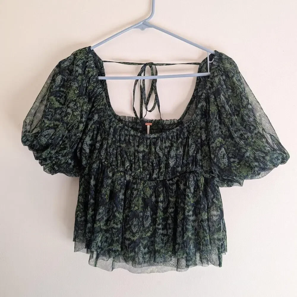 Free People Green Abstract Floral Mesh Puff Sleeve Smocked Babydoll Top S